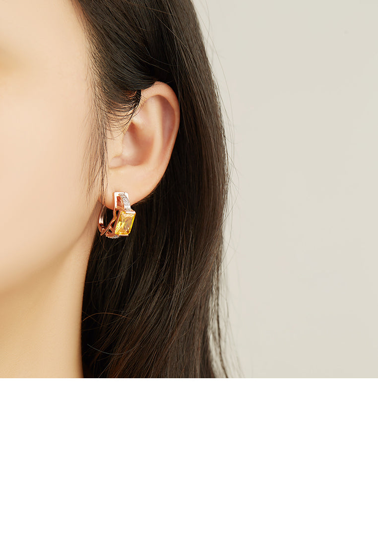 Fashion Temperament Plated Rose Gold Geometric Rectangular Earrings with Yellow Cubic Zirconia - Luxurious Look