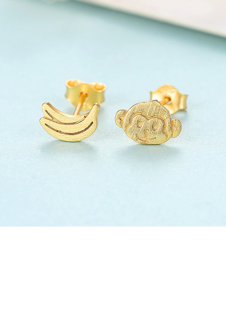 925 Sterling Silver Plated Gold Simple Cute Monkey Banana Asymmetric Stud Earrings