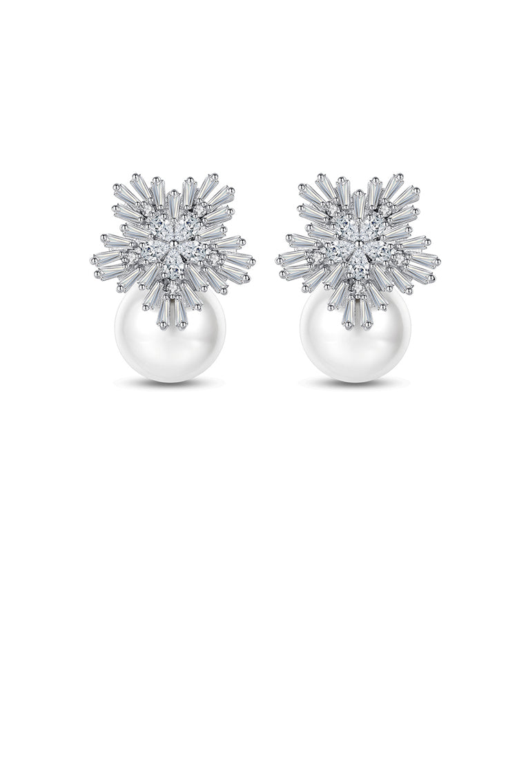 Elegant and Bright Snowflake Imitation Pearl Stud Earrings with Cubic Zirconia - Luxurious Look