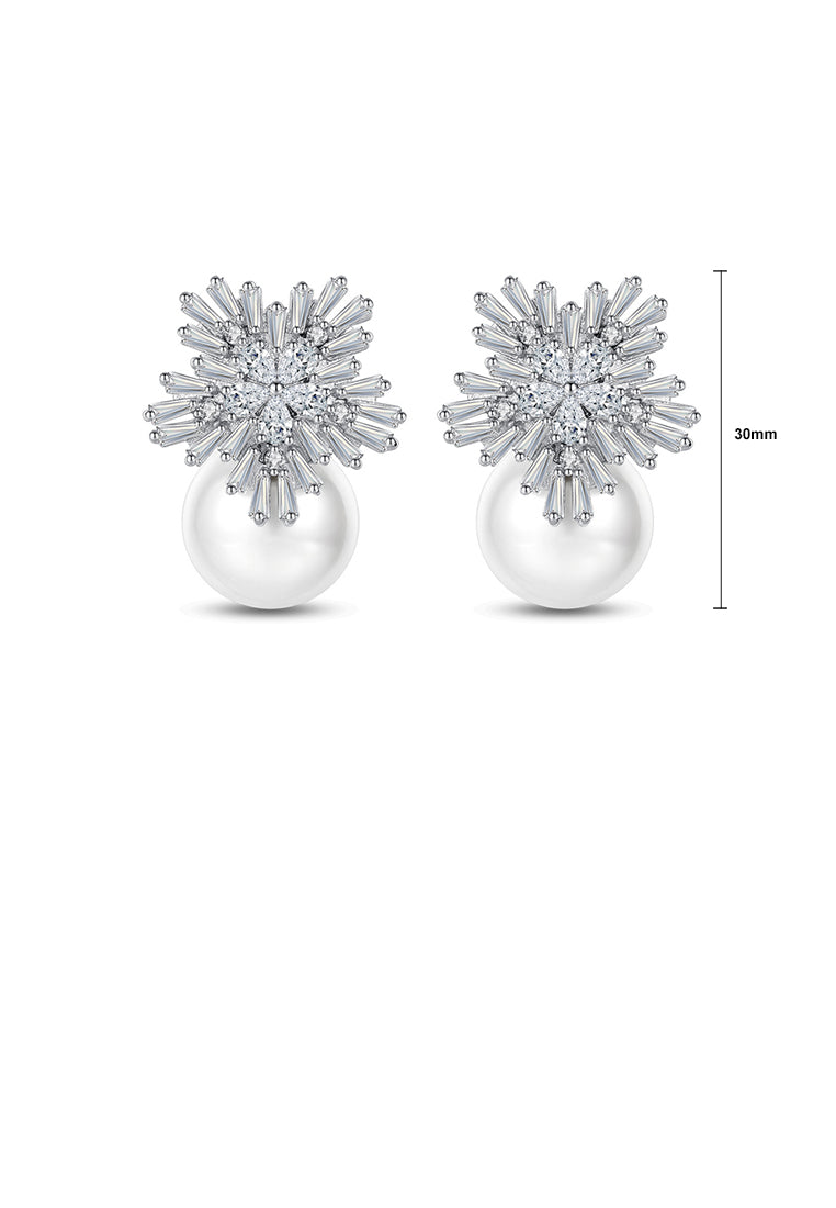 Elegant and Bright Snowflake Imitation Pearl Stud Earrings with Cubic Zirconia - Luxurious Look
