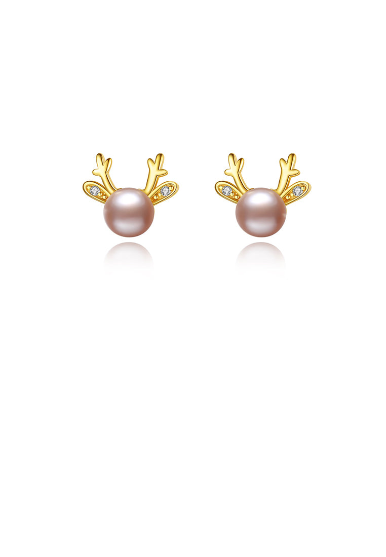 925 Sterling Silver Plated Gold Simple and Delicate Deer Purple Freshwater Pearl Stud Earrings with Cubic Zirconia - Luxurious Look