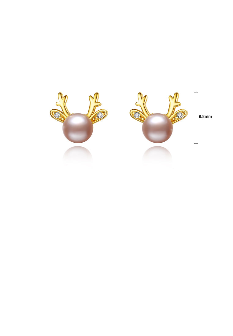 925 Sterling Silver Plated Gold Simple and Delicate Deer Purple Freshwater Pearl Stud Earrings with Cubic Zirconia - Luxurious Look