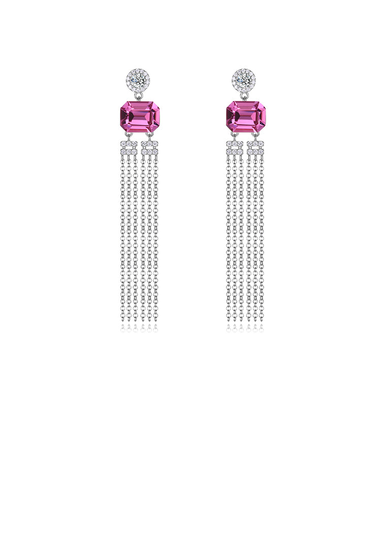 925 Sterling Silver Elegant Fashion Long Tassel Earrings with Pink Austrian Element Crystal - Vibrant Color