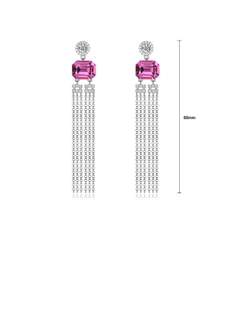 925 Sterling Silver Elegant Fashion Long Tassel Earrings with Pink Austrian Element Crystal - Vibrant Color