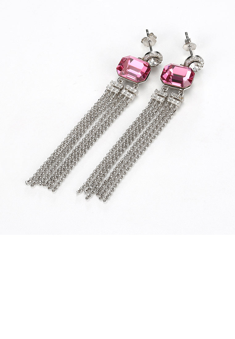 925 Sterling Silver Elegant Fashion Long Tassel Earrings with Pink Austrian Element Crystal - Vibrant Color