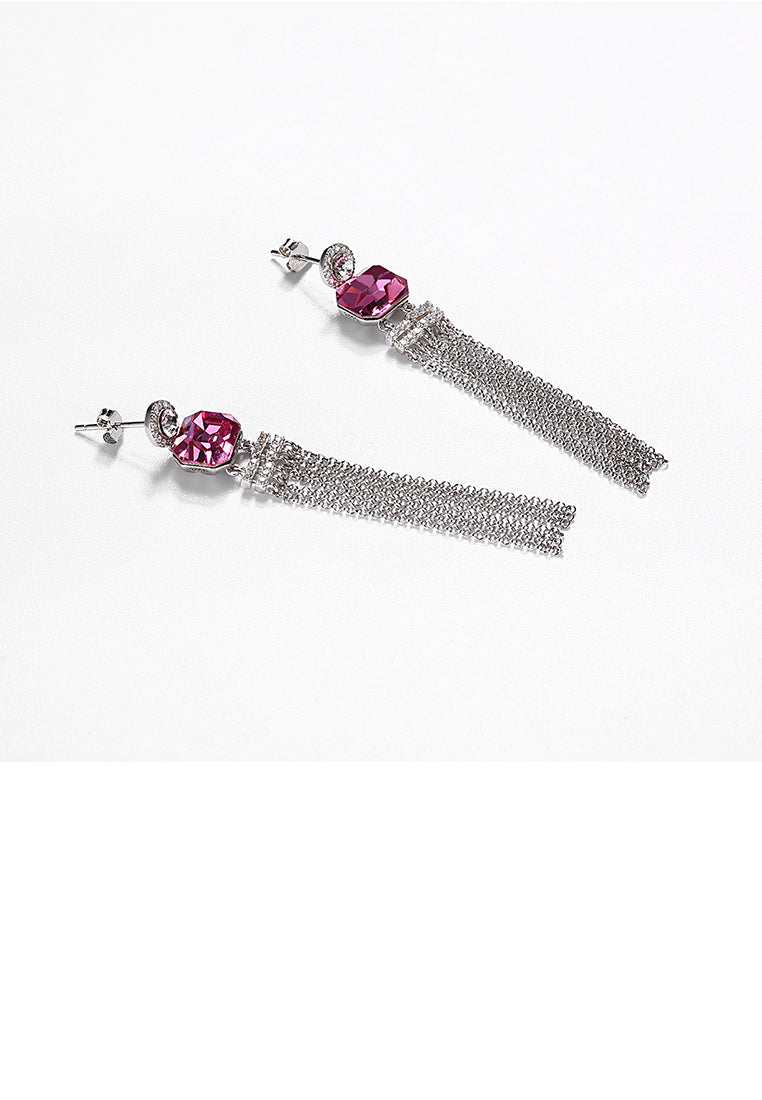 925 Sterling Silver Elegant Fashion Long Tassel Earrings with Pink Austrian Element Crystal - Vibrant Color