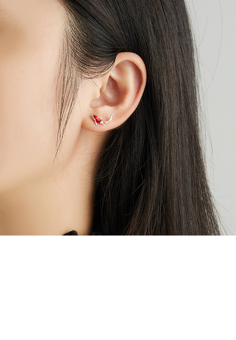 925 Sterling Silver Simple Fashion Carp Stud Earrings with Cubic Zirconia - Luxurious Look