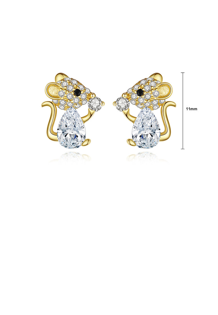 925 Sterling Silver Plated Gold Simple Cute Little Mouse Stud Earrings with Cubic Zirconia - Luxurious Look