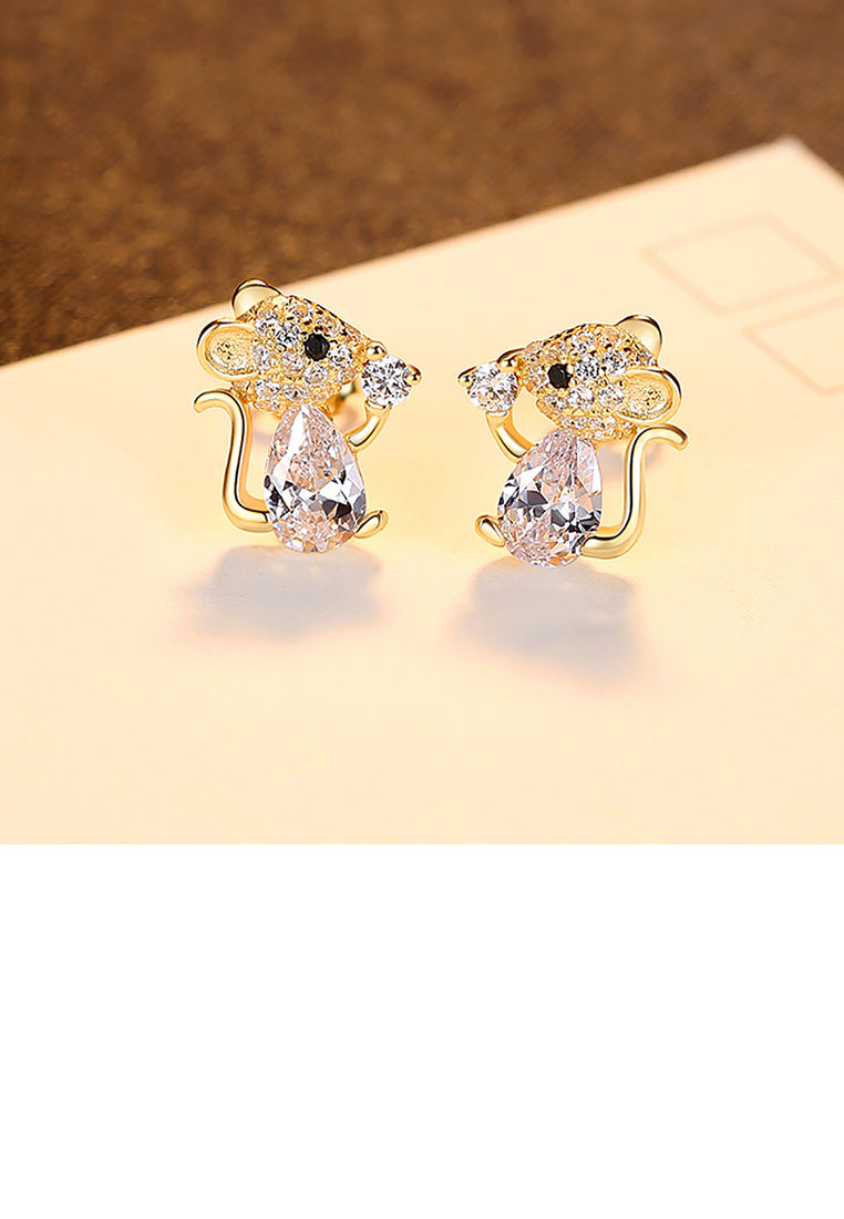 925 Sterling Silver Plated Gold Simple Cute Little Mouse Stud Earrings with Cubic Zirconia - Luxurious Look