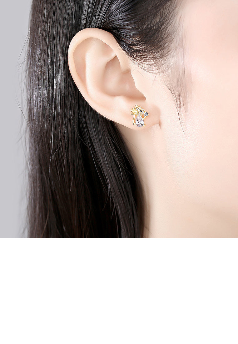 925 Sterling Silver Plated Gold Simple Cute Little Mouse Stud Earrings with Cubic Zirconia - Luxurious Look