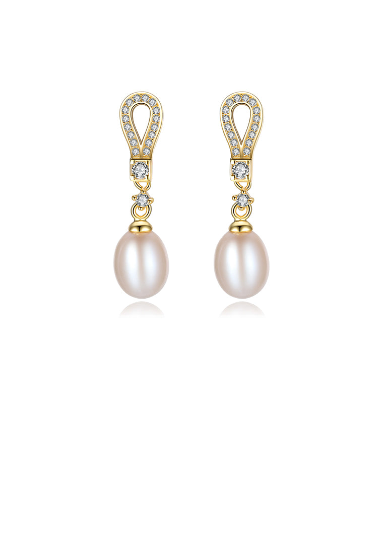 925 Sterling Silver Plated Gold Simple Fashion Geometric White Freshwater Pearl Earrings with Cubic Zirconia - Luxurious Look