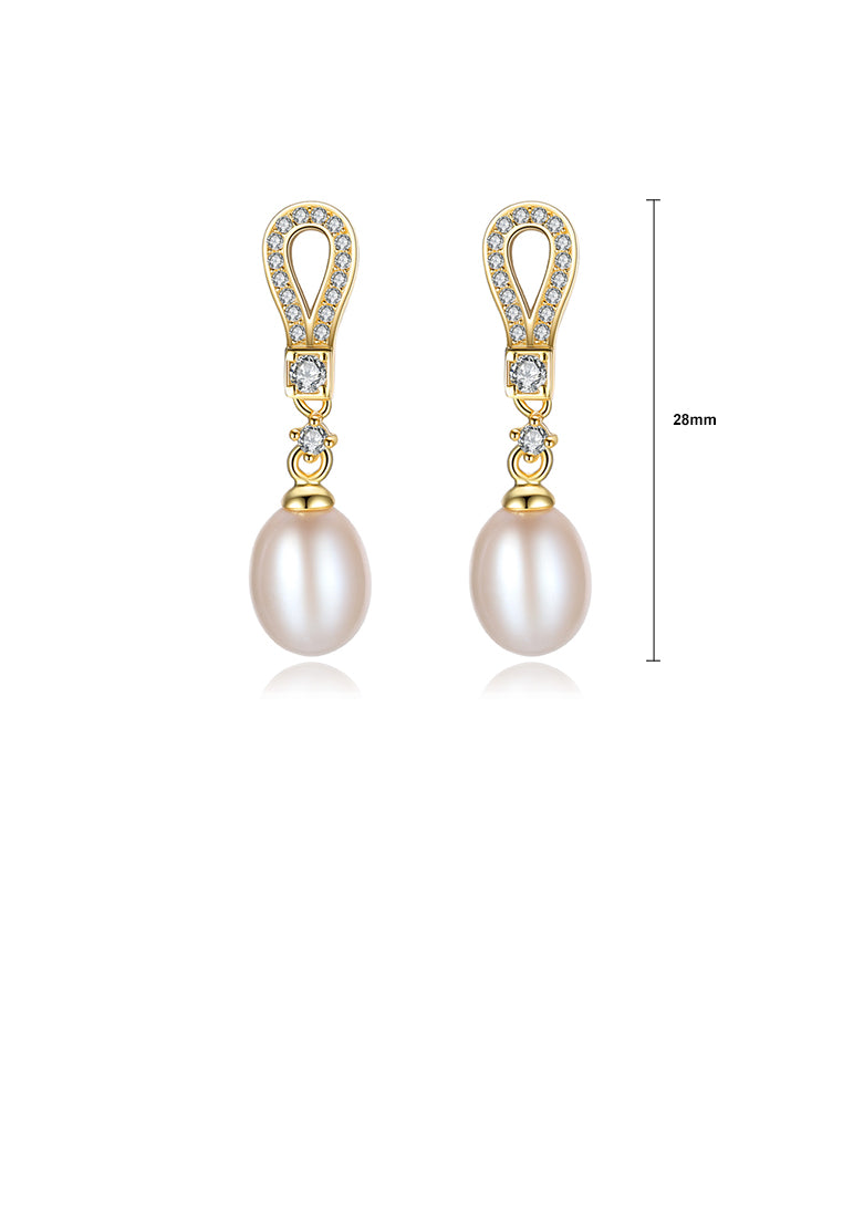 925 Sterling Silver Plated Gold Simple Fashion Geometric White Freshwater Pearl Earrings with Cubic Zirconia - Luxurious Look