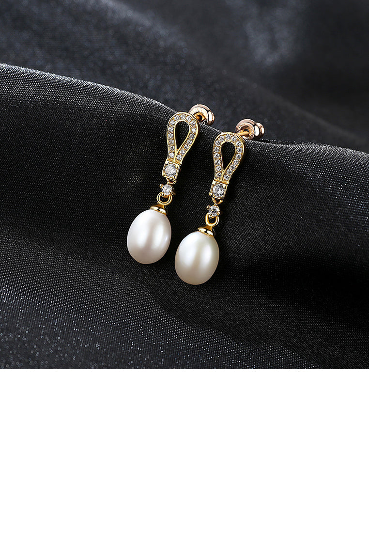 925 Sterling Silver Plated Gold Simple Fashion Geometric White Freshwater Pearl Earrings with Cubic Zirconia - Luxurious Look