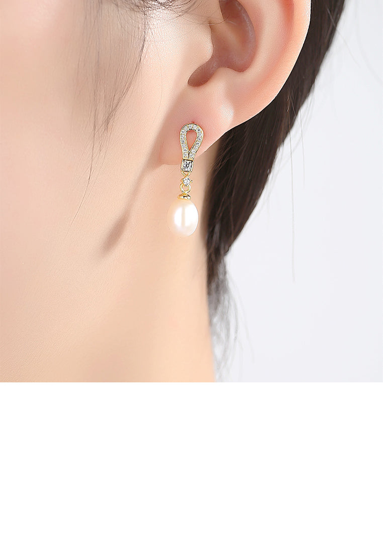 925 Sterling Silver Plated Gold Simple Fashion Geometric White Freshwater Pearl Earrings with Cubic Zirconia - Luxurious Look