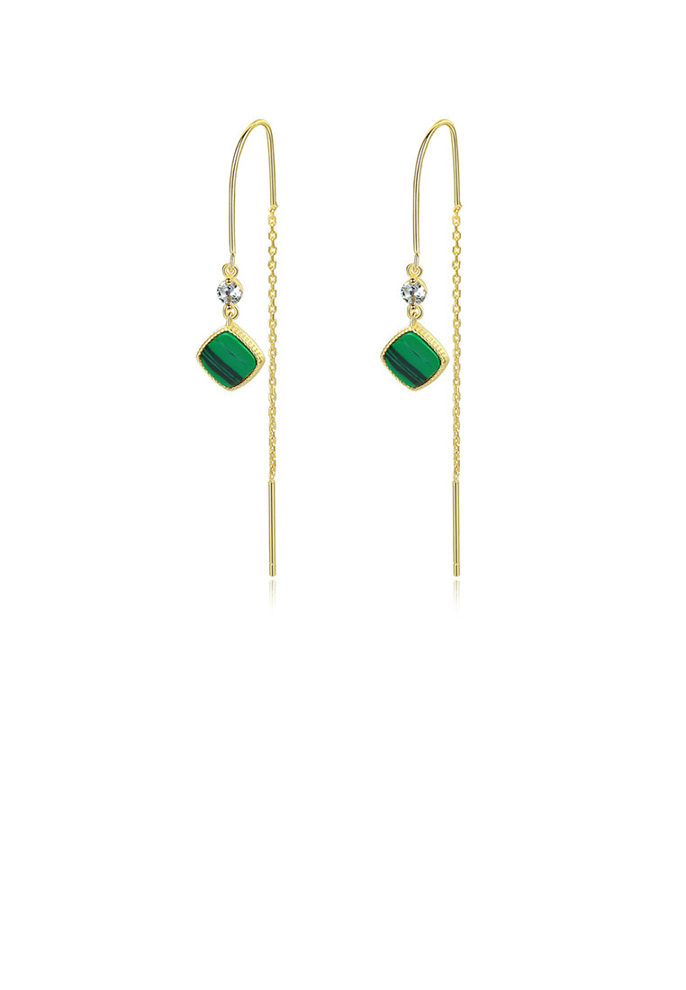 925 Sterling Silver Plated Gold Simple Geometric Square Imitation Malachite Tassel Earrings with Cubic Zirconia - Luxurious Look