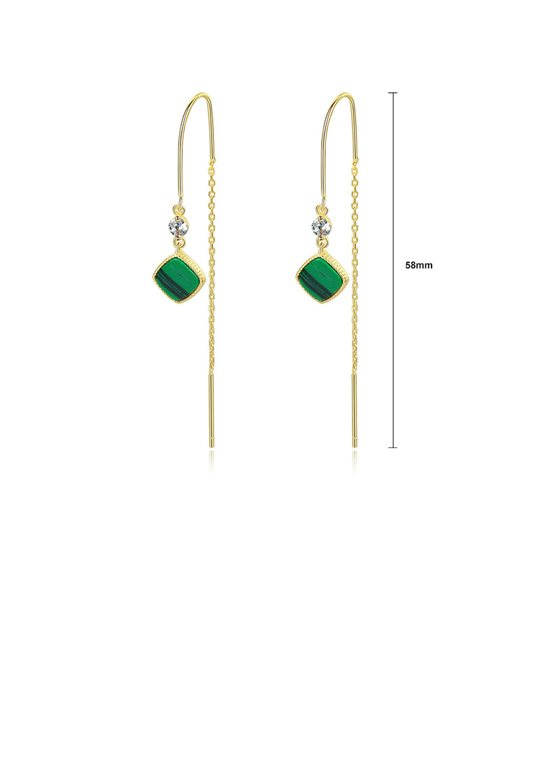 925 Sterling Silver Plated Gold Simple Geometric Square Imitation Malachite Tassel Earrings with Cubic Zirconia - Luxurious Look