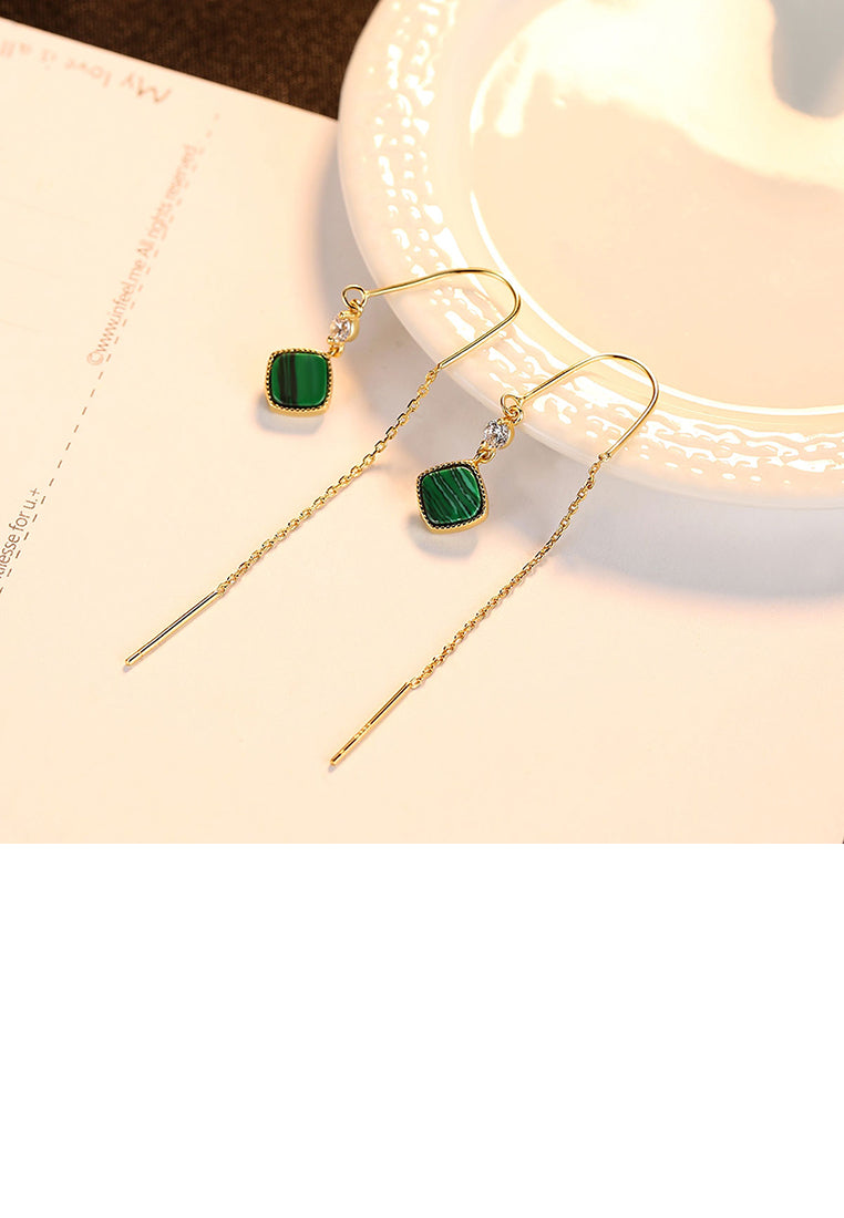 925 Sterling Silver Plated Gold Simple Geometric Square Imitation Malachite Tassel Earrings with Cubic Zirconia - Luxurious Look