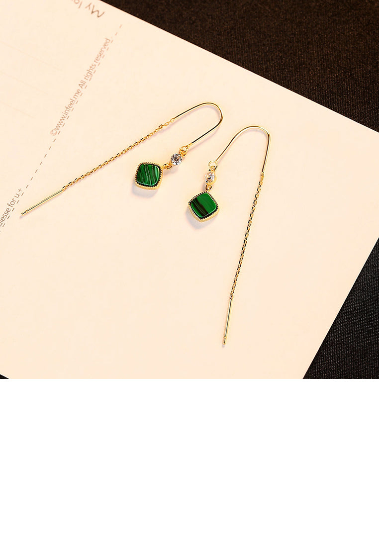 925 Sterling Silver Plated Gold Simple Geometric Square Imitation Malachite Tassel Earrings with Cubic Zirconia - Luxurious Look