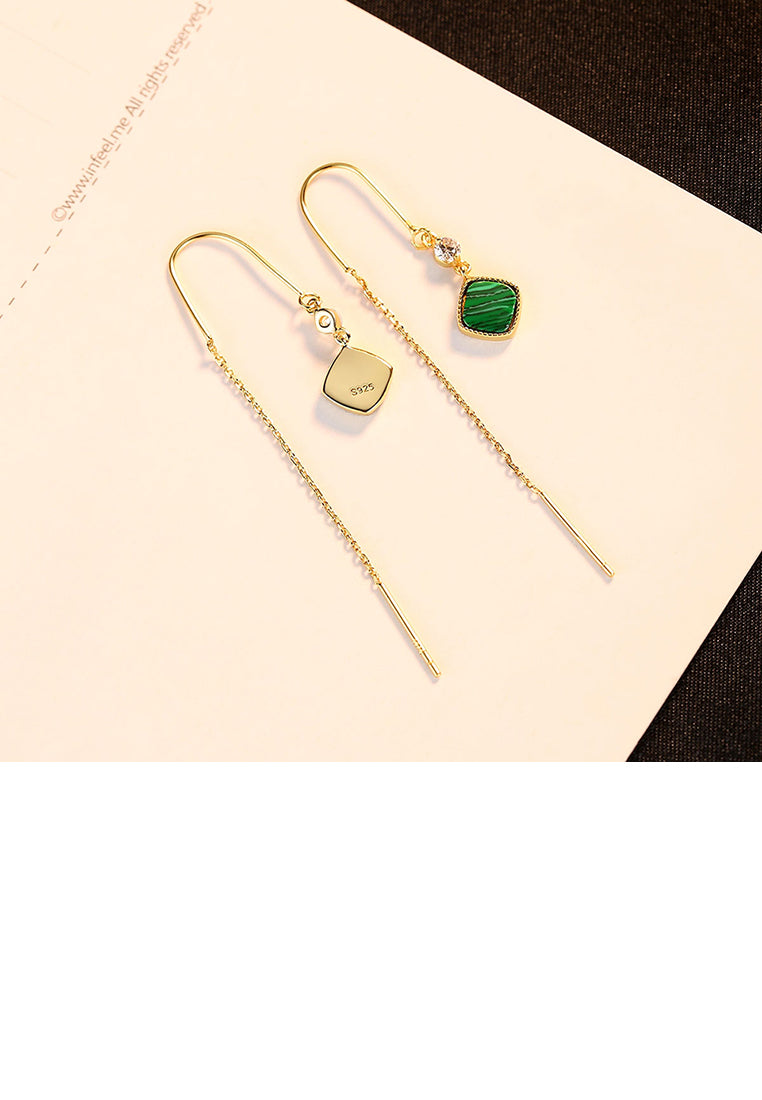 925 Sterling Silver Plated Gold Simple Geometric Square Imitation Malachite Tassel Earrings with Cubic Zirconia - Luxurious Look