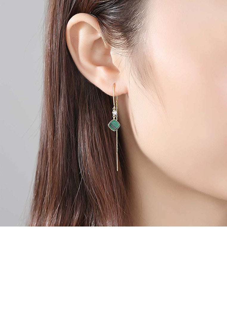 925 Sterling Silver Plated Gold Simple Geometric Square Imitation Malachite Tassel Earrings with Cubic Zirconia - Luxurious Look