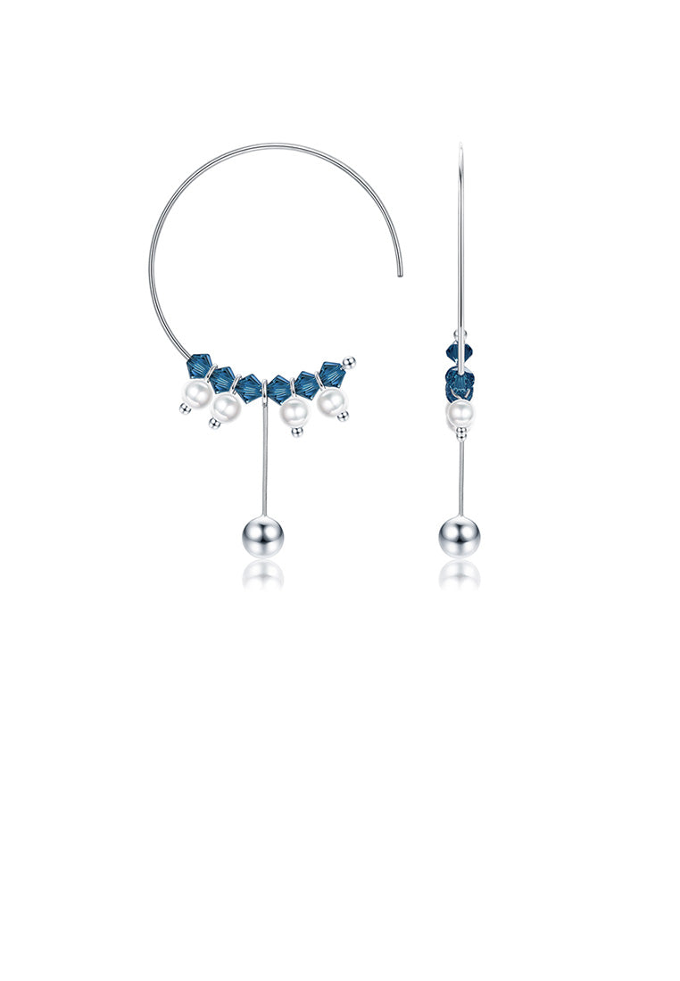 925 Sterling Silver Simple Geometric Circle Tassel Earrings with Blue Austrian Element Crystal