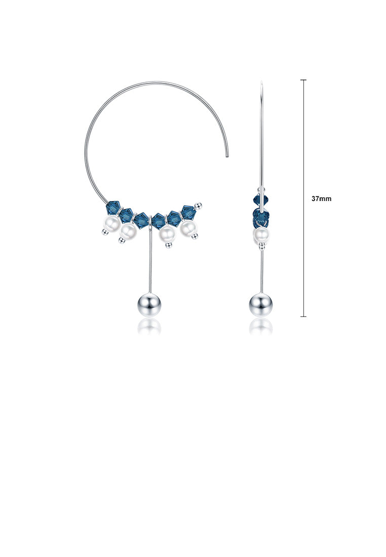 925 Sterling Silver Simple Geometric Circle Tassel Earrings with Blue Austrian Element Crystal