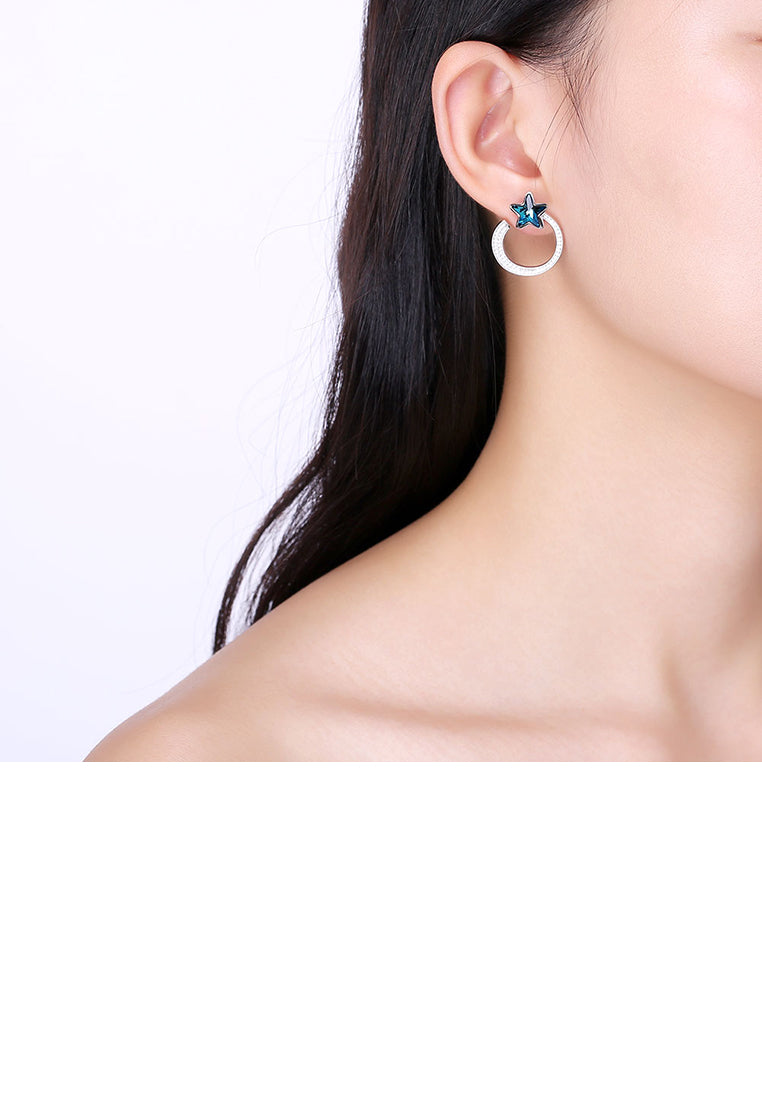 925 Sterling Silver Fashion Elegant Star Circle Earrings and Ear Studs with Blue Austrian Element Crystal