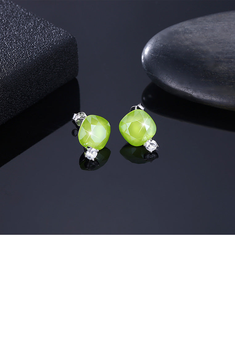 925 Sterling Silver Fashion Simple Geometric Square Stud Earrings with Green Austrian Element Crystal