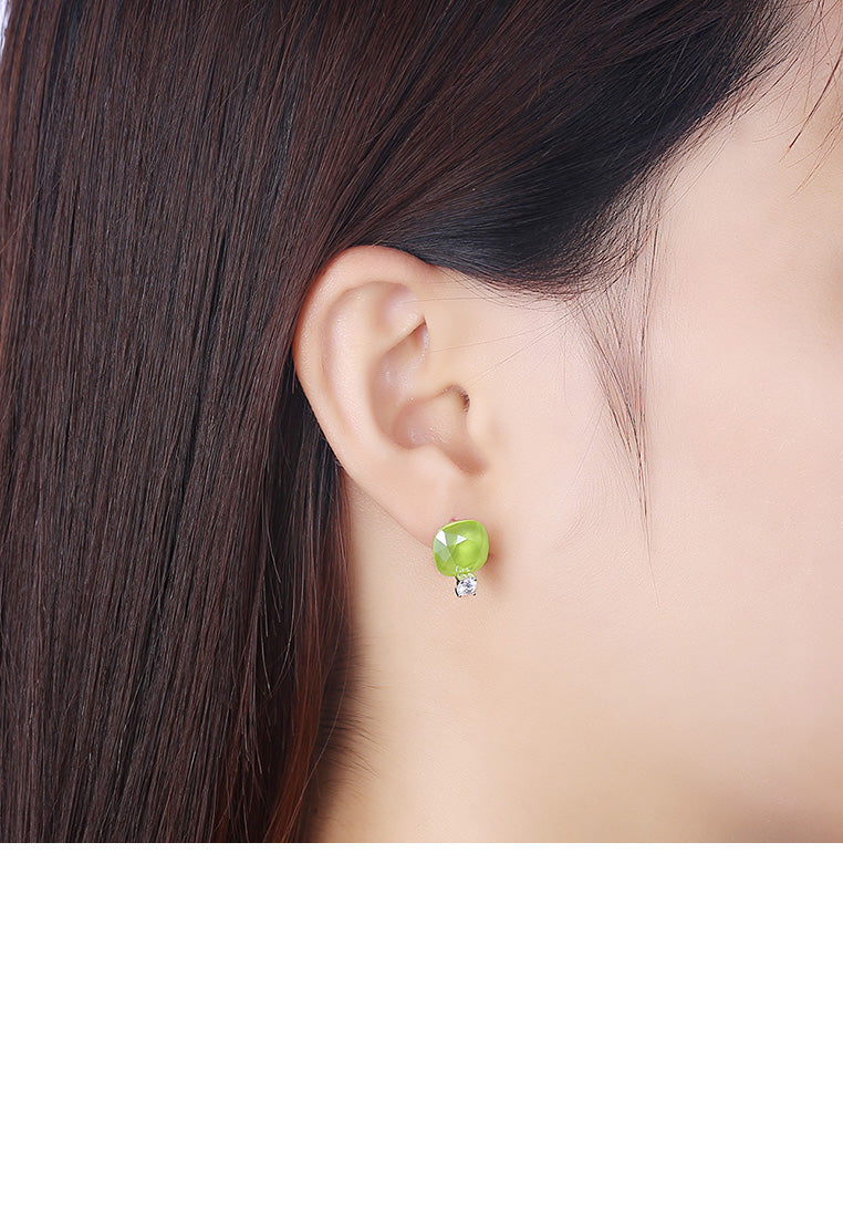 925 Sterling Silver Fashion Simple Geometric Square Stud Earrings with Green Austrian Element Crystal