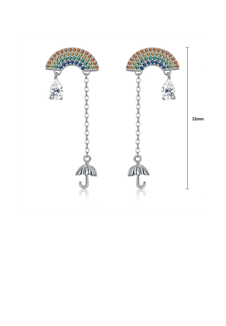 925 Sterling Silver Fashion Rainbow Umbrella Tassel Colored Cubic Zircon Earrings