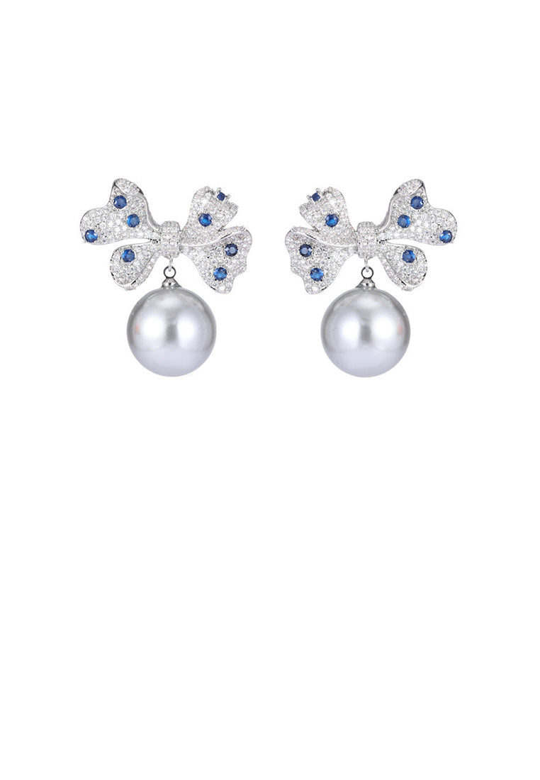 Brilliant Elegant Ribbon Grey Imitation Pearl Earrings with Cubic Zirconia - Luxurious Look