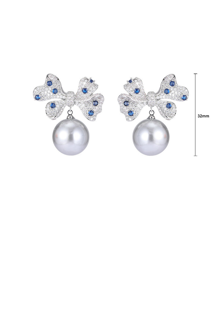 Brilliant Elegant Ribbon Grey Imitation Pearl Earrings with Cubic Zirconia - Luxurious Look