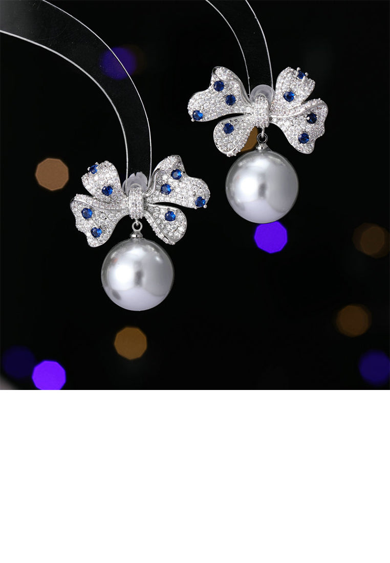 Brilliant Elegant Ribbon Grey Imitation Pearl Earrings with Cubic Zirconia - Luxurious Look