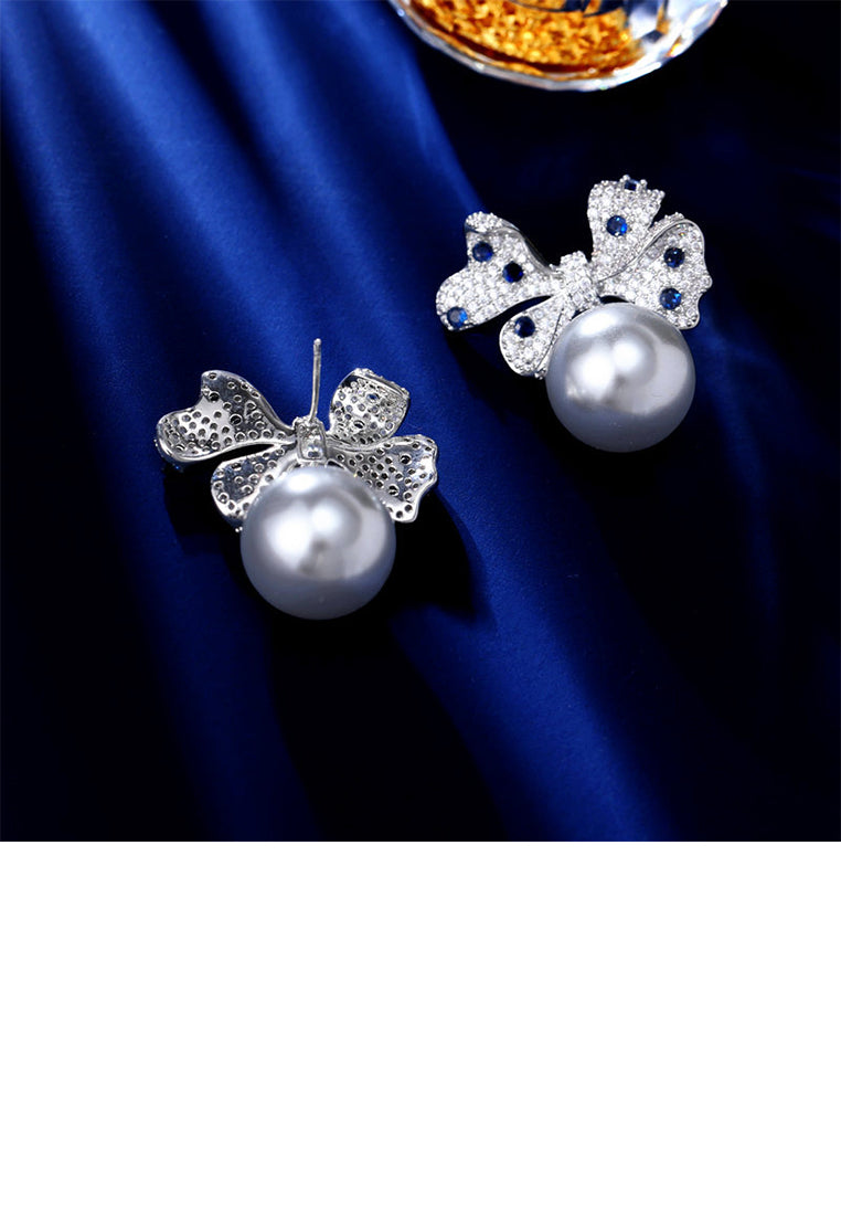 Brilliant Elegant Ribbon Grey Imitation Pearl Earrings with Cubic Zirconia - Luxurious Look