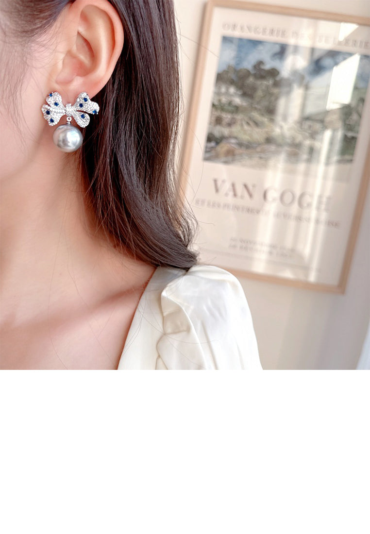 Brilliant Elegant Ribbon Grey Imitation Pearl Earrings with Cubic Zirconia - Luxurious Look