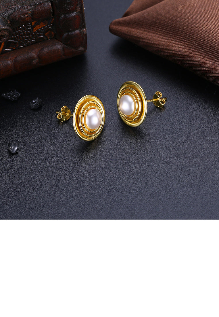 925 Sterling Silver Gold Plated Elegant Fashion Round Pearl Earrings and Ear Studs - Luxurious Look