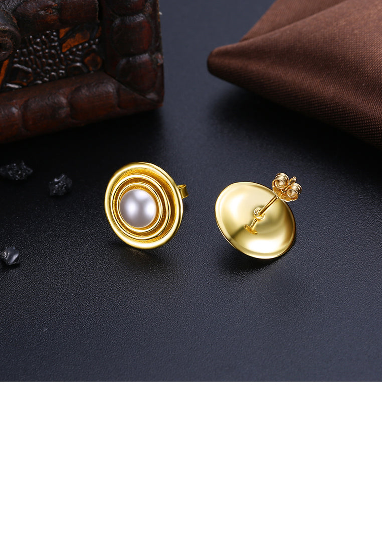 925 Sterling Silver Gold Plated Elegant Fashion Round Pearl Earrings and Ear Studs - Luxurious Look