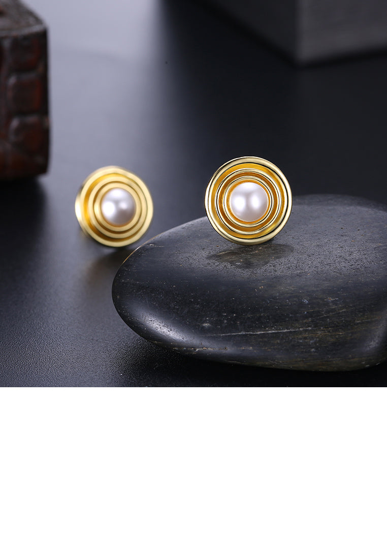 925 Sterling Silver Gold Plated Elegant Fashion Round Pearl Earrings and Ear Studs - Luxurious Look