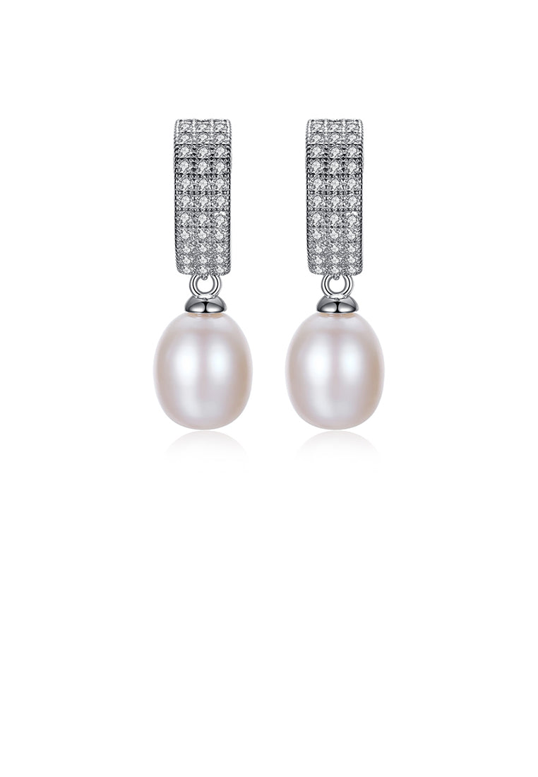 925 Sterling Silver Bright and Elegant Geometric White Freshwater Pearl Earrings with Cubic Zirconia - Luxurious Look