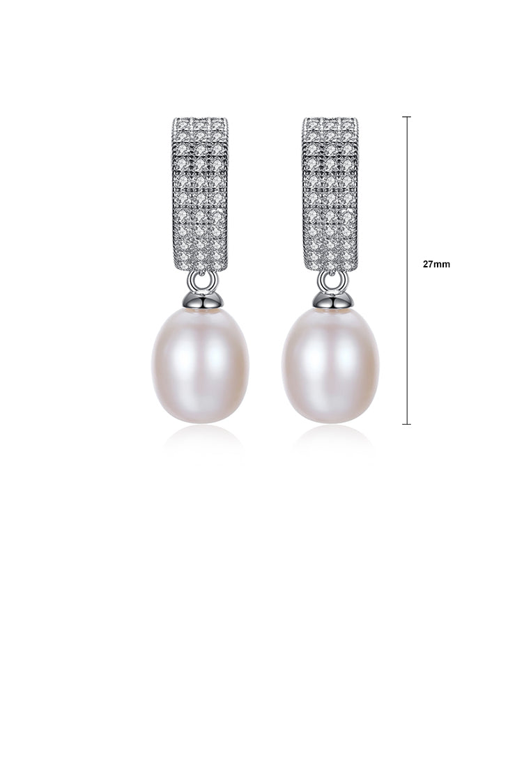 925 Sterling Silver Bright and Elegant Geometric White Freshwater Pearl Earrings with Cubic Zirconia - Luxurious Look