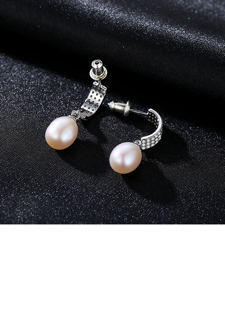 925 Sterling Silver Bright and Elegant Geometric White Freshwater Pearl Earrings with Cubic Zirconia - Luxurious Look