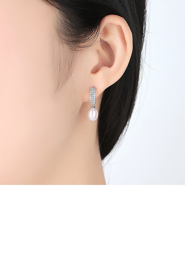 925 Sterling Silver Bright and Elegant Geometric White Freshwater Pearl Earrings with Cubic Zirconia - Luxurious Look