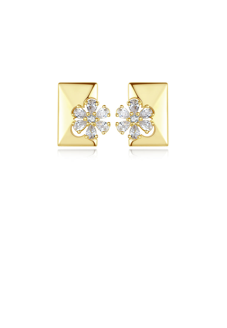 Fashion and Elegant Plated Gold Flower Geometric Rectangular Stud Earrings with Cubic Zirconia - Luxurious Look