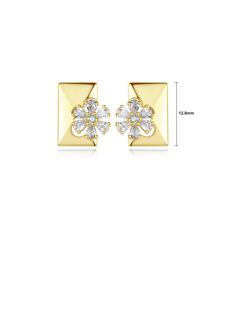 Fashion and Elegant Plated Gold Flower Geometric Rectangular Stud Earrings with Cubic Zirconia - Luxurious Look