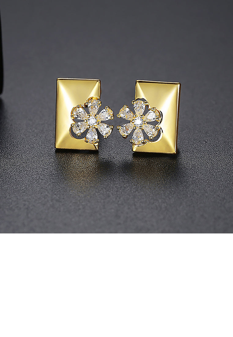Fashion and Elegant Plated Gold Flower Geometric Rectangular Stud Earrings with Cubic Zirconia - Luxurious Look