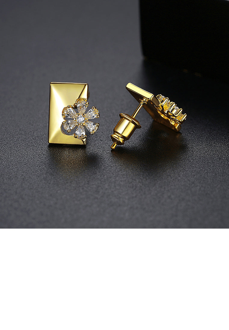 Fashion and Elegant Plated Gold Flower Geometric Rectangular Stud Earrings with Cubic Zirconia - Luxurious Look