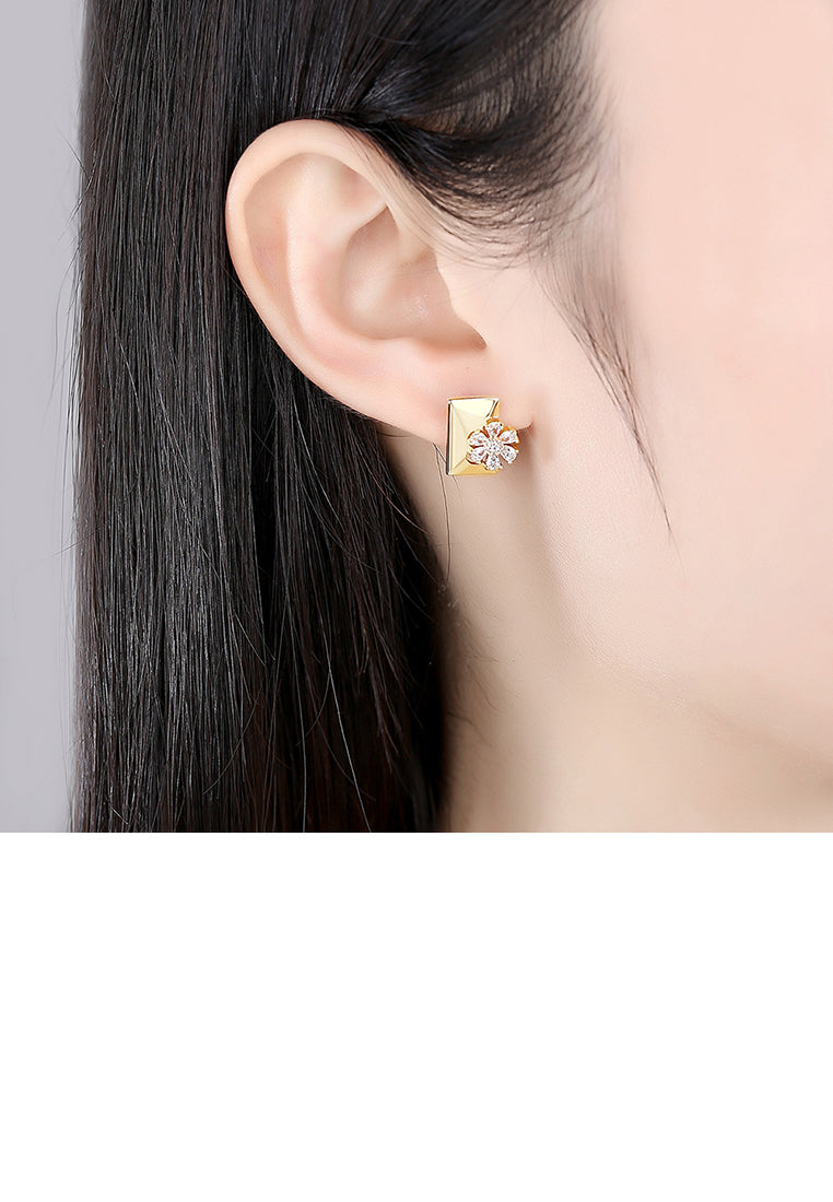 Fashion and Elegant Plated Gold Flower Geometric Rectangular Stud Earrings with Cubic Zirconia - Luxurious Look