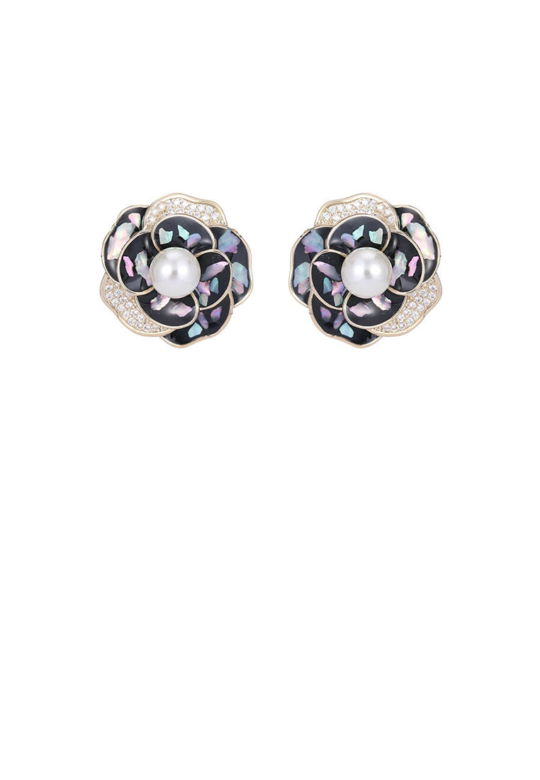 Fashion and Elegant Plated Gold Pattern Flower Imitation Stud Earrings with Cubic Zirconia - Luxurious Look