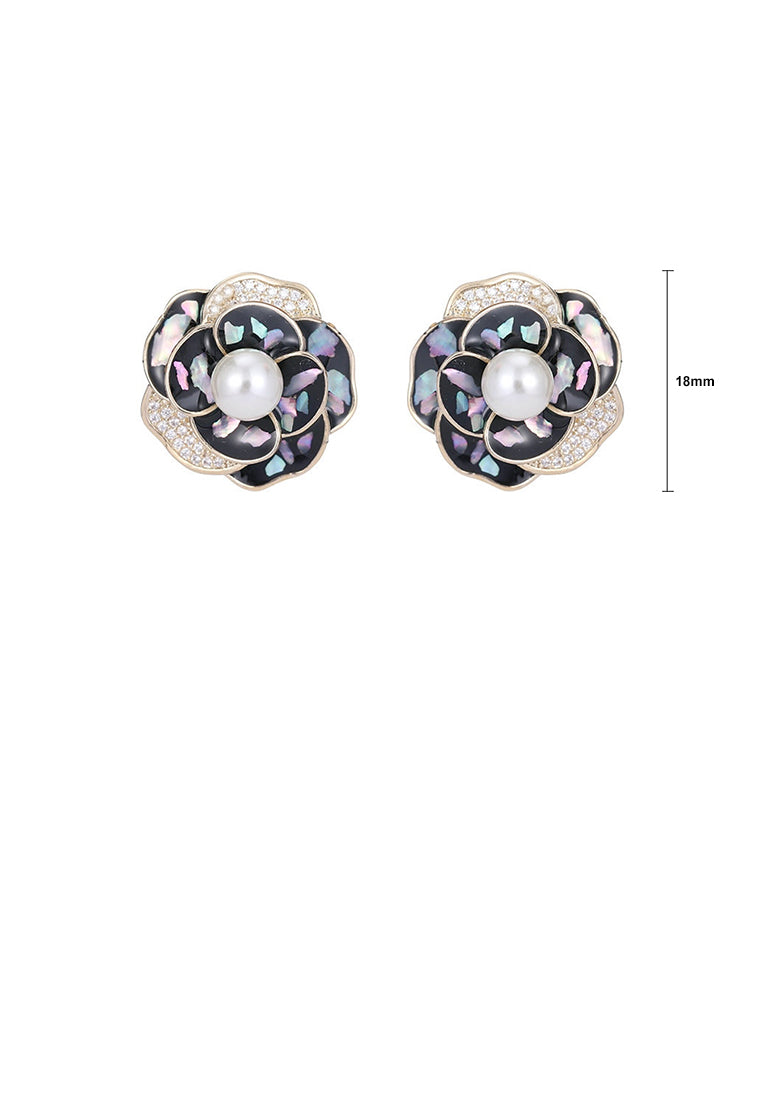 Fashion and Elegant Plated Gold Pattern Flower Imitation Stud Earrings with Cubic Zirconia - Luxurious Look