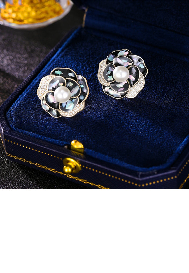 Fashion and Elegant Plated Gold Pattern Flower Imitation Stud Earrings with Cubic Zirconia - Luxurious Look